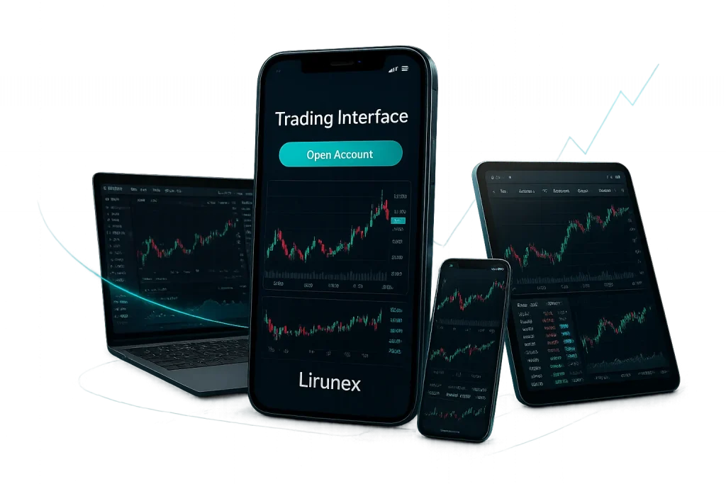 Smartphone, tablet, and laptop displaying Lirunex trading interface with charts and an Open Account button